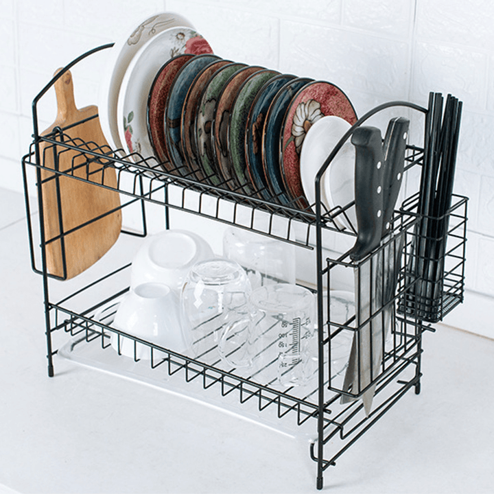 2 Layer Dish Drainer Cutlery Shelf Drying Holder Rack Drip Tray Kitchen Storage - MRSLM