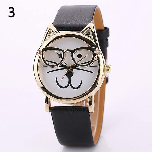 Unisex Fashion Faux Leather Band Cute Glasses Cat Case Analog Quartz Wrist Watch - MRSLM