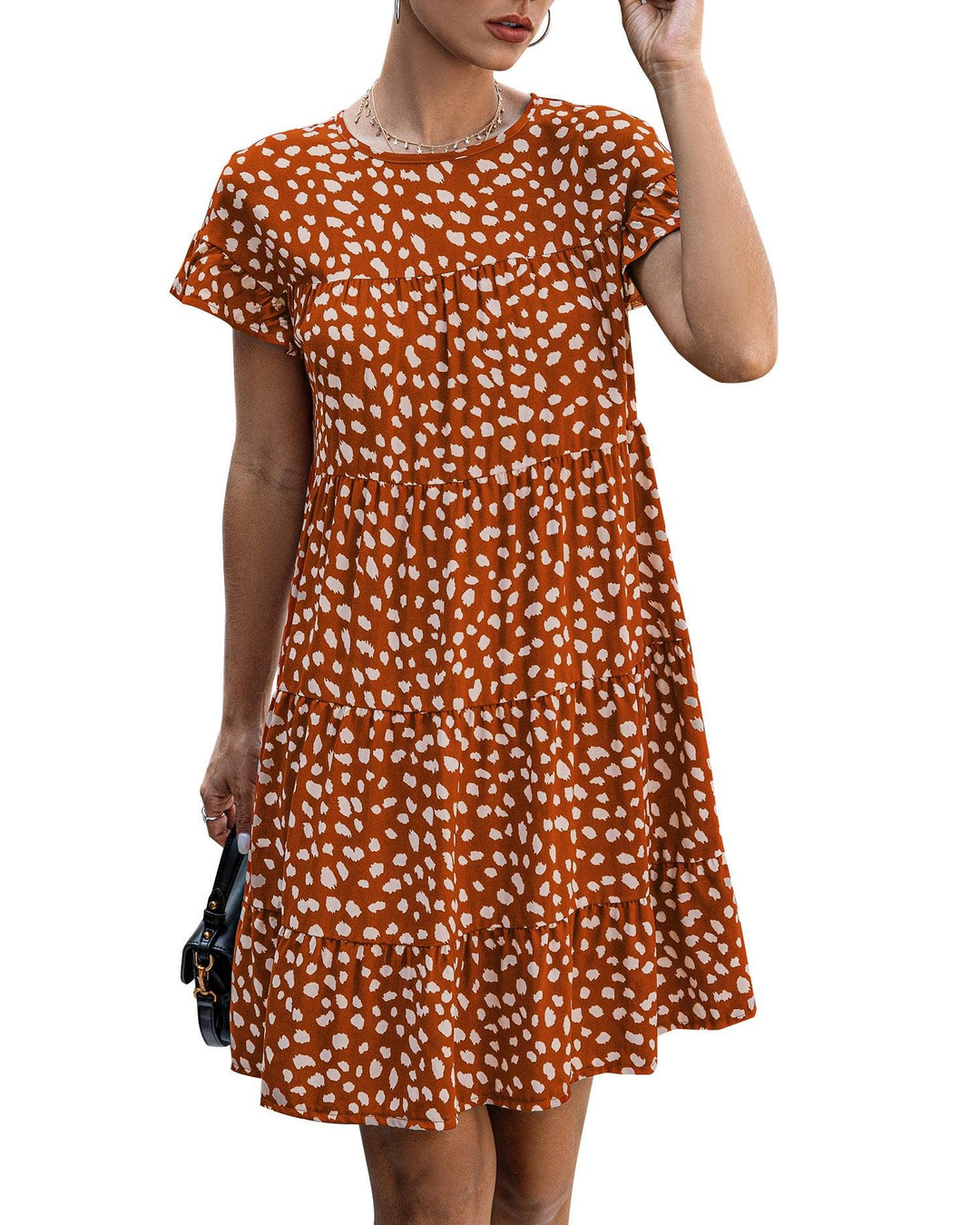 Leopard print round neck short sleeve loose dress - MRSLM