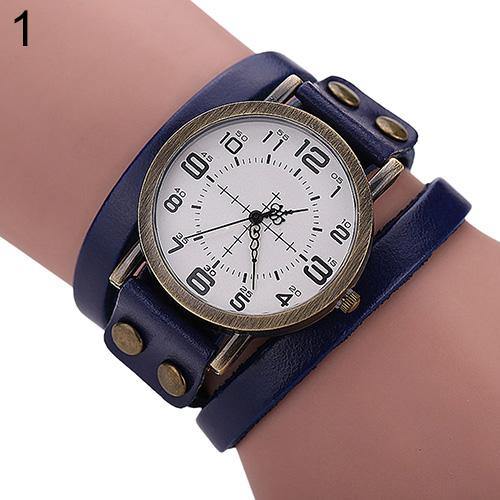 Unisex Retro Style Multi-Layers Leather Strap Bangle Wrap Bracelet Wrist Watch - MRSLM