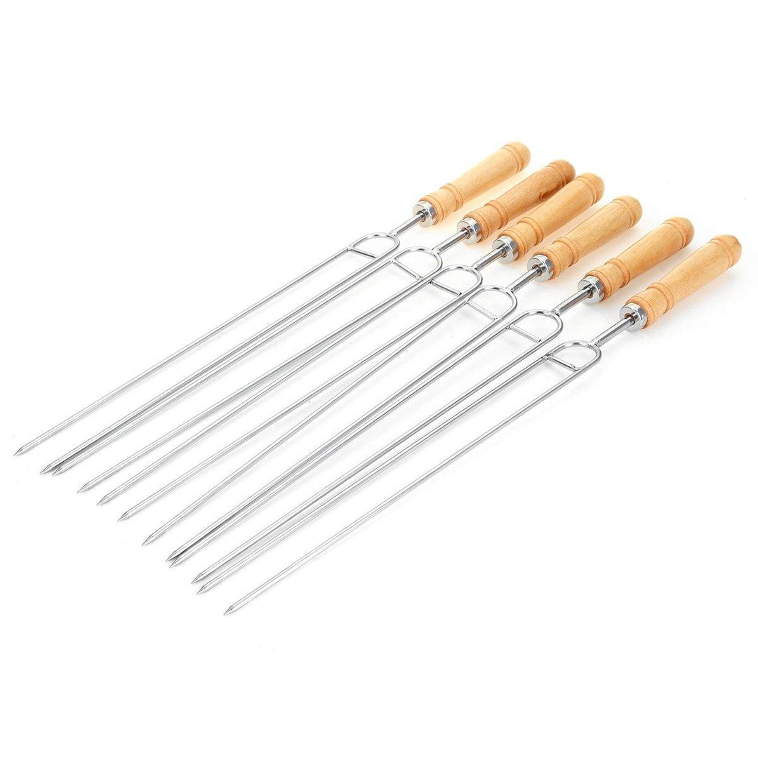 6PCS/Set Stainless Steel Wire BBQ Skewers Wood Handle Grill Roasting Sticks Outdoor Camping BBQ Tool - MRSLM