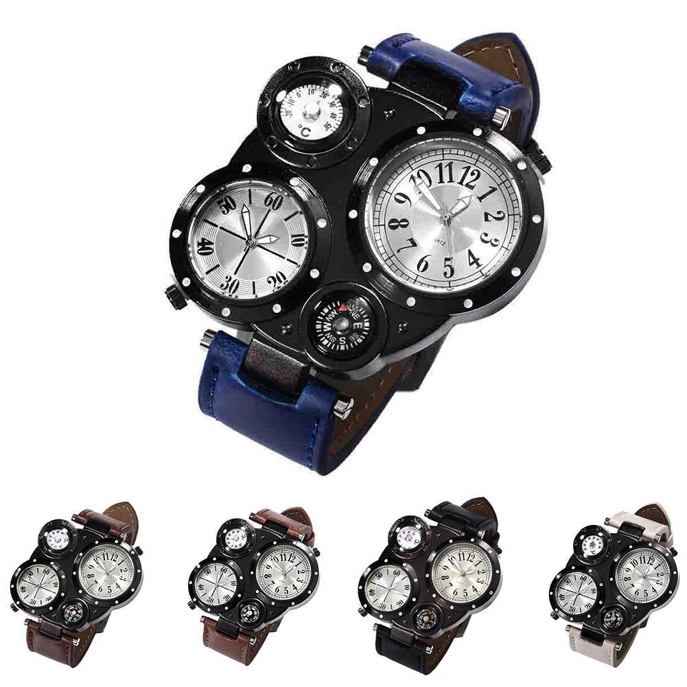 Men Chic Dual Movement Quartz Waterproof Outdoor Thermometer Compass Wrist Watch - MRSLM