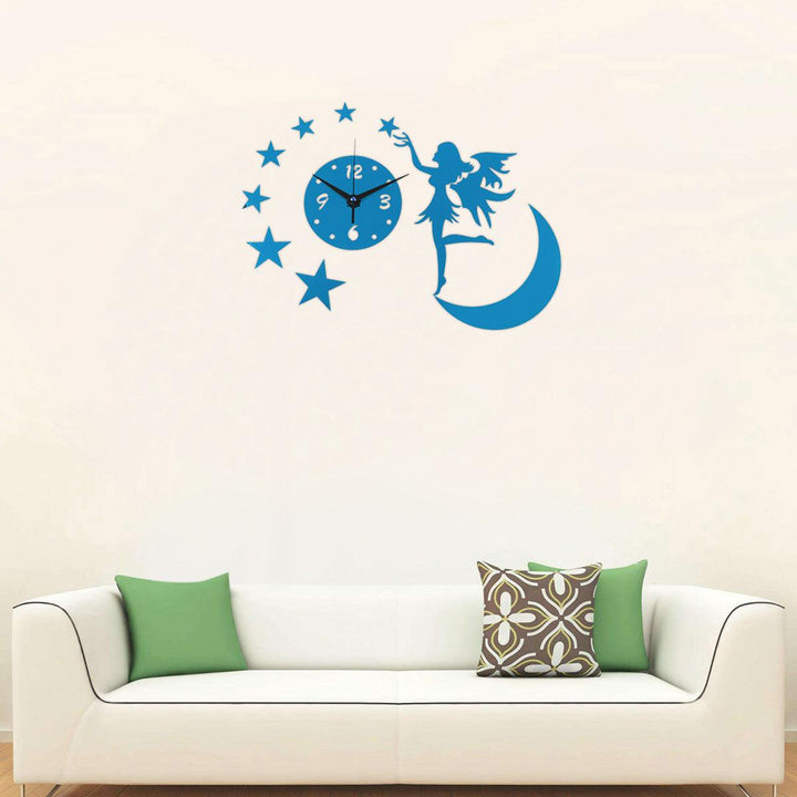 3D DIY Clock Acrylic Mirror Wall Sticker Fairy Angel Moon Star TV Backdrop Home Bedroom Wall Decoration Art Supplies - MRSLM