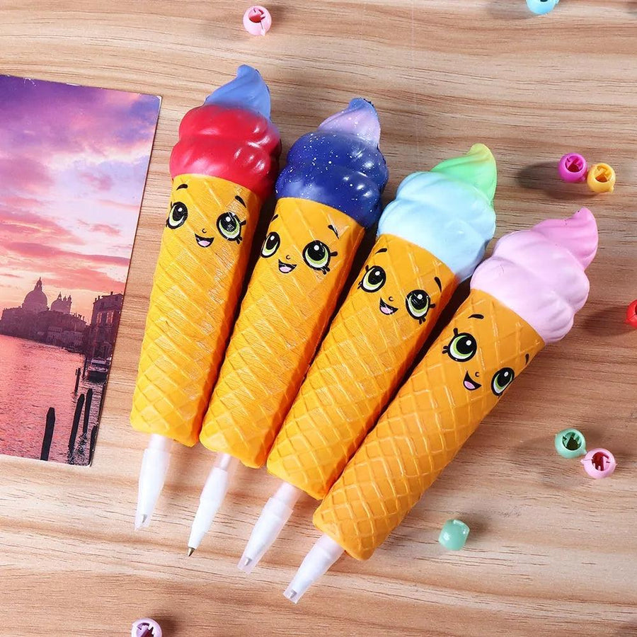4PCS Wholesale Squishy Pen Cap Smile Face Ice Cream Cone Slow Rising Jumbo With Pen Stress Relief Toys - MRSLM