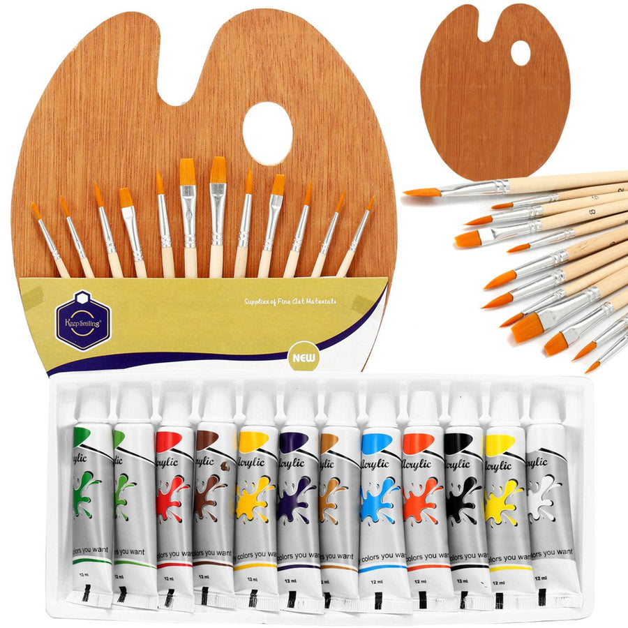 12 Colors Painting Paint Set Painting Brush Set with Wood Palette Stationery Student Drawing Pigment for Art Supplies - MRSLM