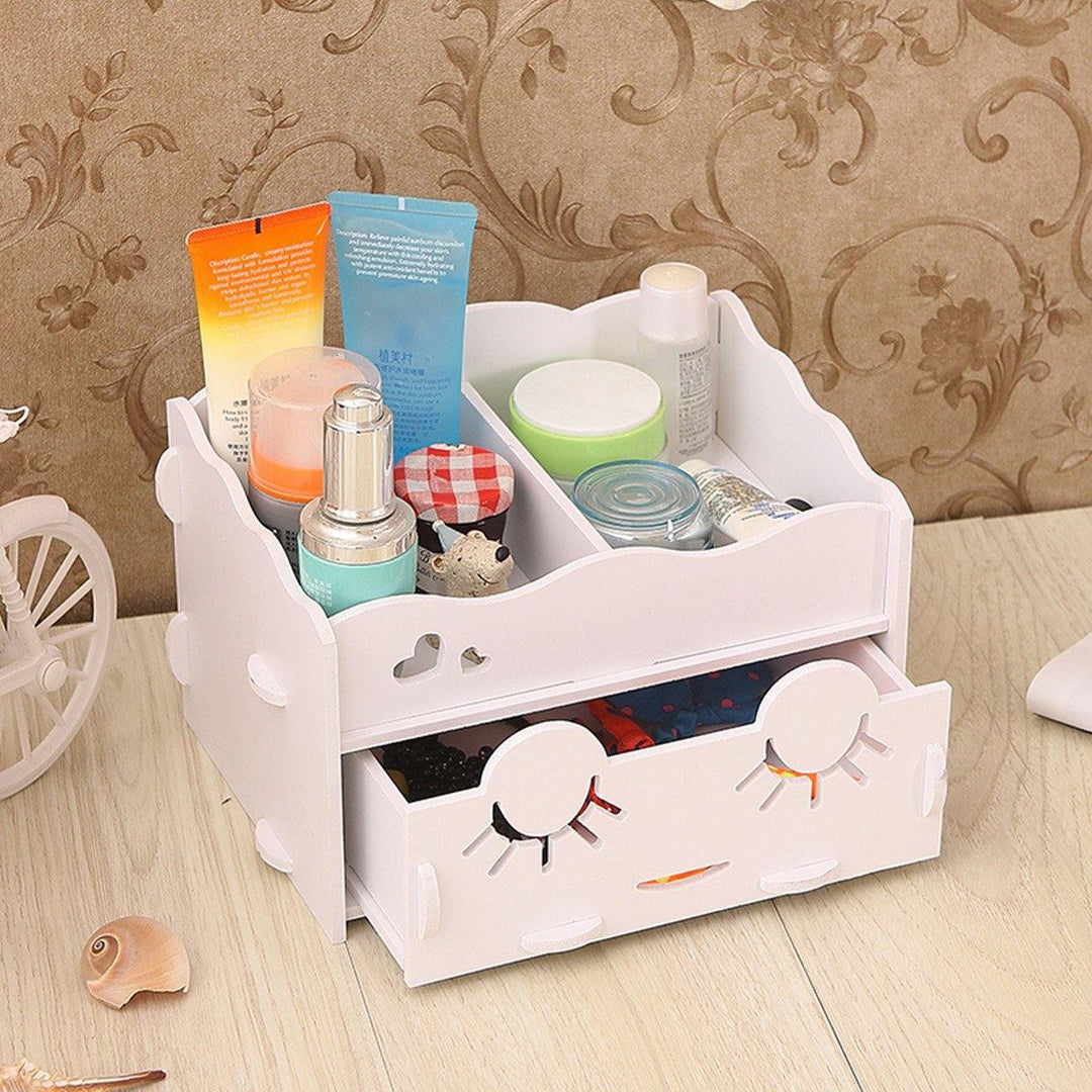 Smiling Face Cute Wooden White Makeup Organizer Neat Table Collecting Case Cosmetics Tools - MRSLM