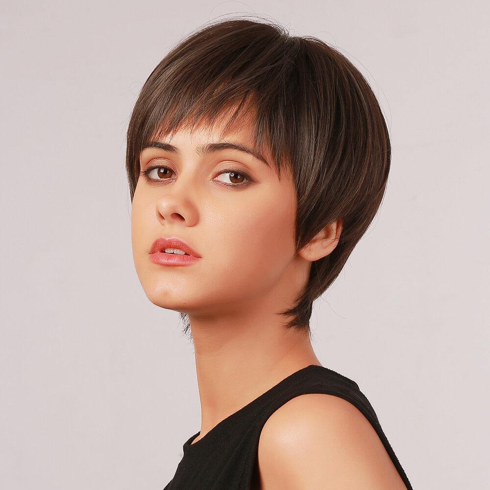 9 Inch Dark Brown Short Straight Hair Breathable Bangs High Temperature Fiber Wig - MRSLM