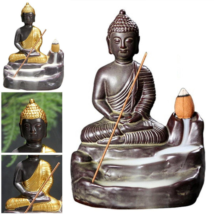 Ceramic Buddha Incense Statue Buddhist Smoke Backflow Cone Censer Burner Holder Home Decor - MRSLM