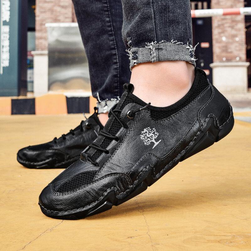 Men Comfy Leather Hand Stitching Breathable Mesh Fabric Non Slip Soft Casual Driving Shoes - MRSLM